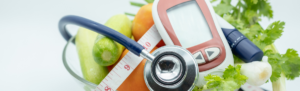Image of medical devices associated with diabetes and healthy foods.
